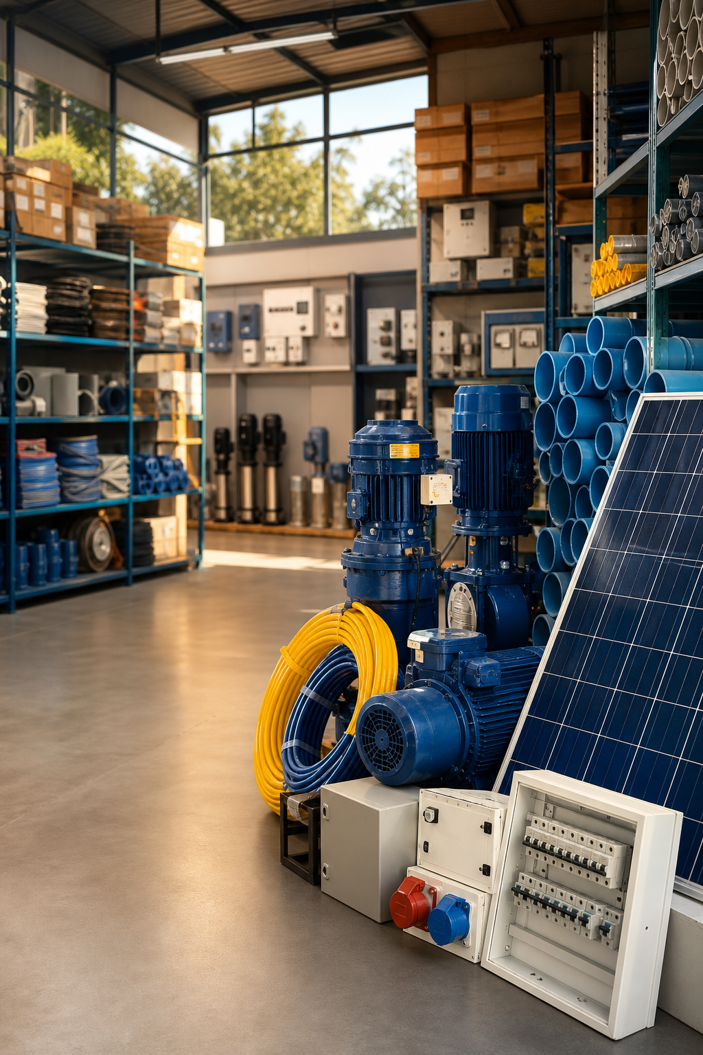 Modern industrial supply showroom with pumps, pipes and electrical products
