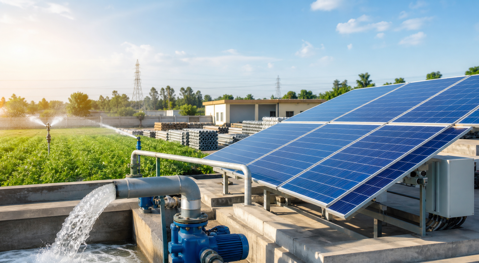 Solar panels and pump system at a modern project site